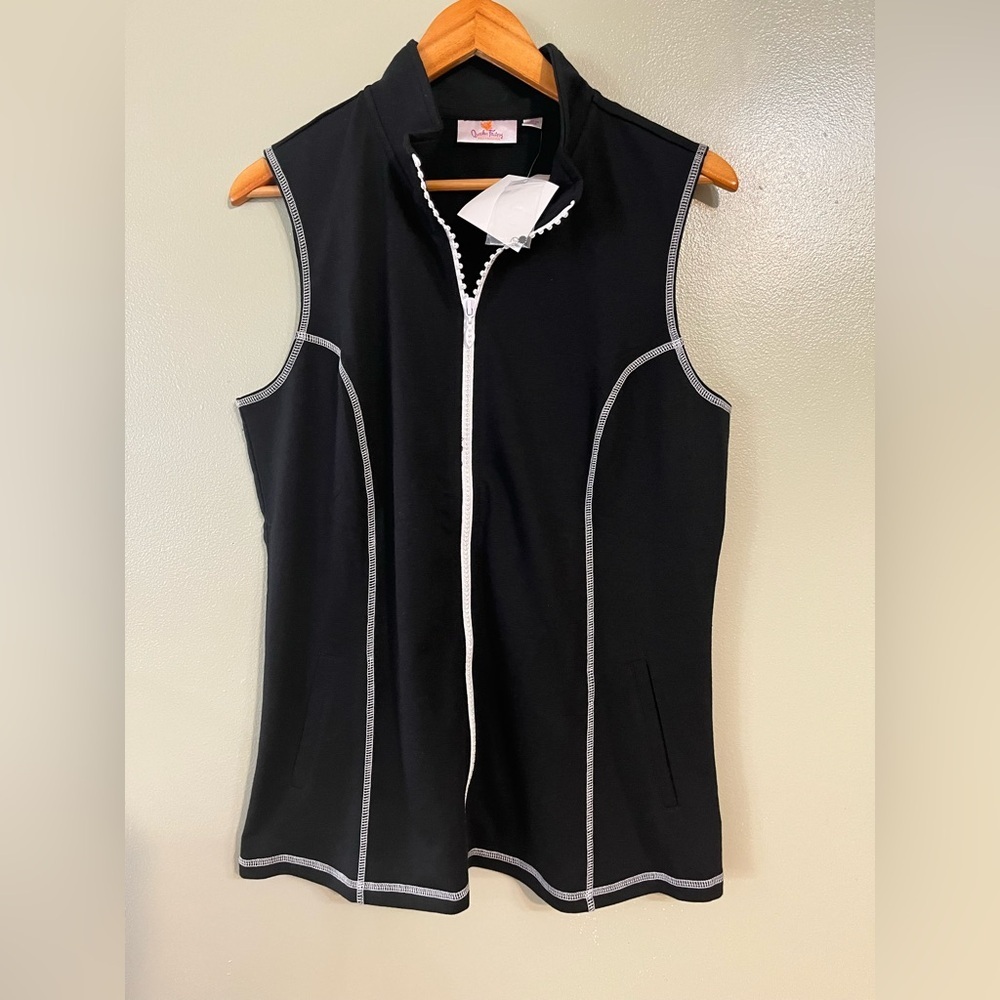 Quacker Factory Womens Black Sleeveless Zip-Up Vest Pockets Size M NWT